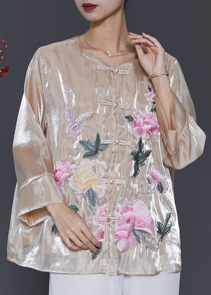 Chemise vintage en lin et soie brodée champagne printemps SD1050