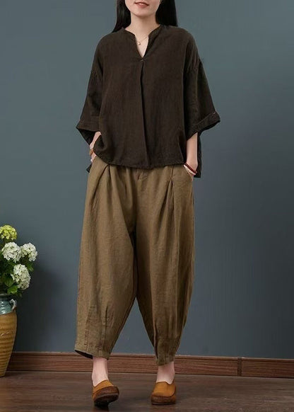 Pieces Neck Chocolate Vintage Two Summer V Linen Set