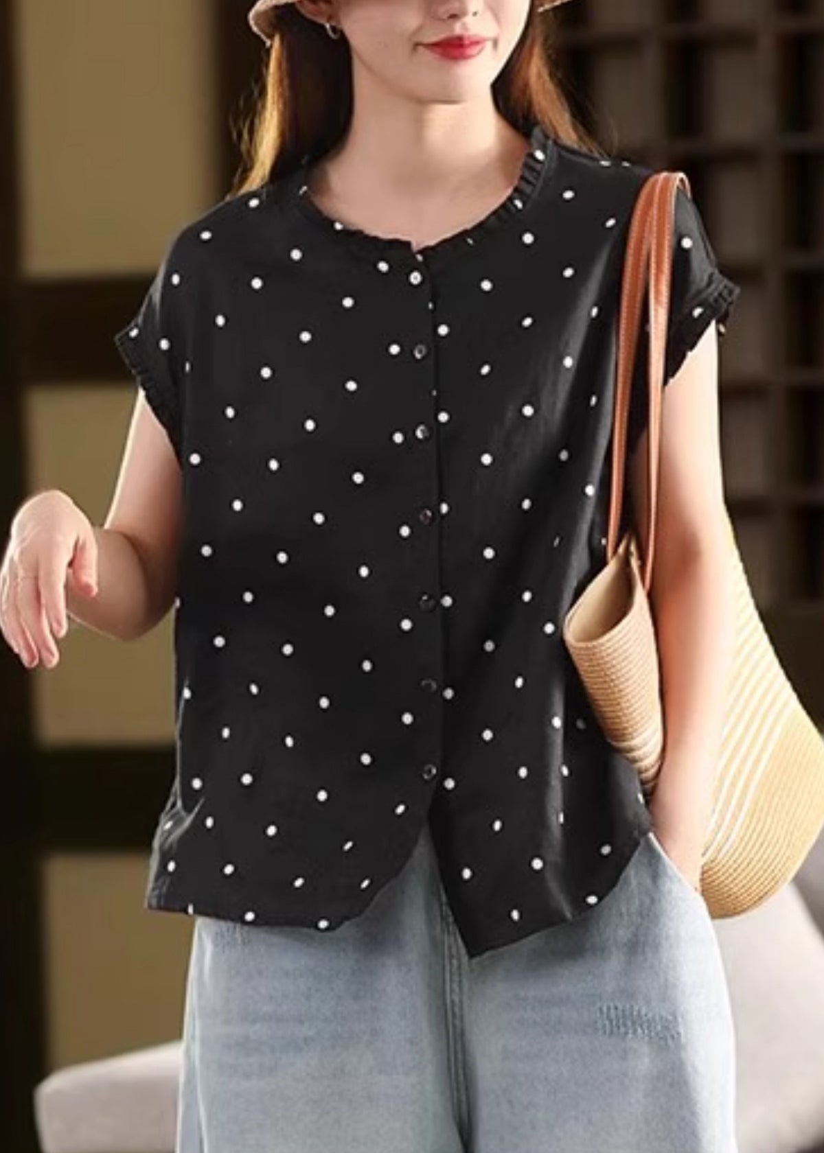 Hemd Kaffee Rüschen Punkte Vintage Sommer Leinen