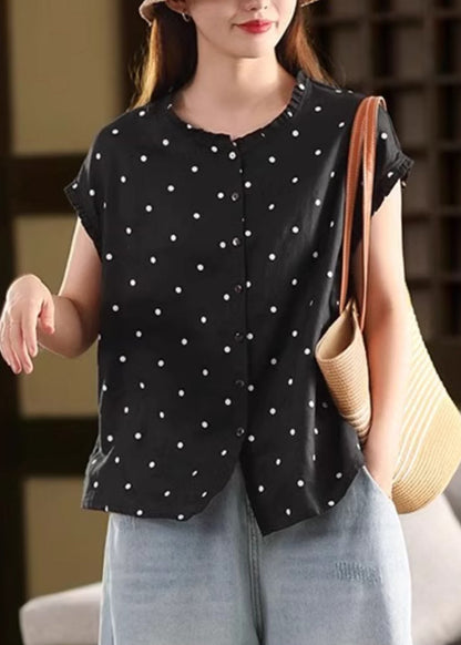 Hemd Kaffee Rüschen Punkte Vintage Sommer Leinen