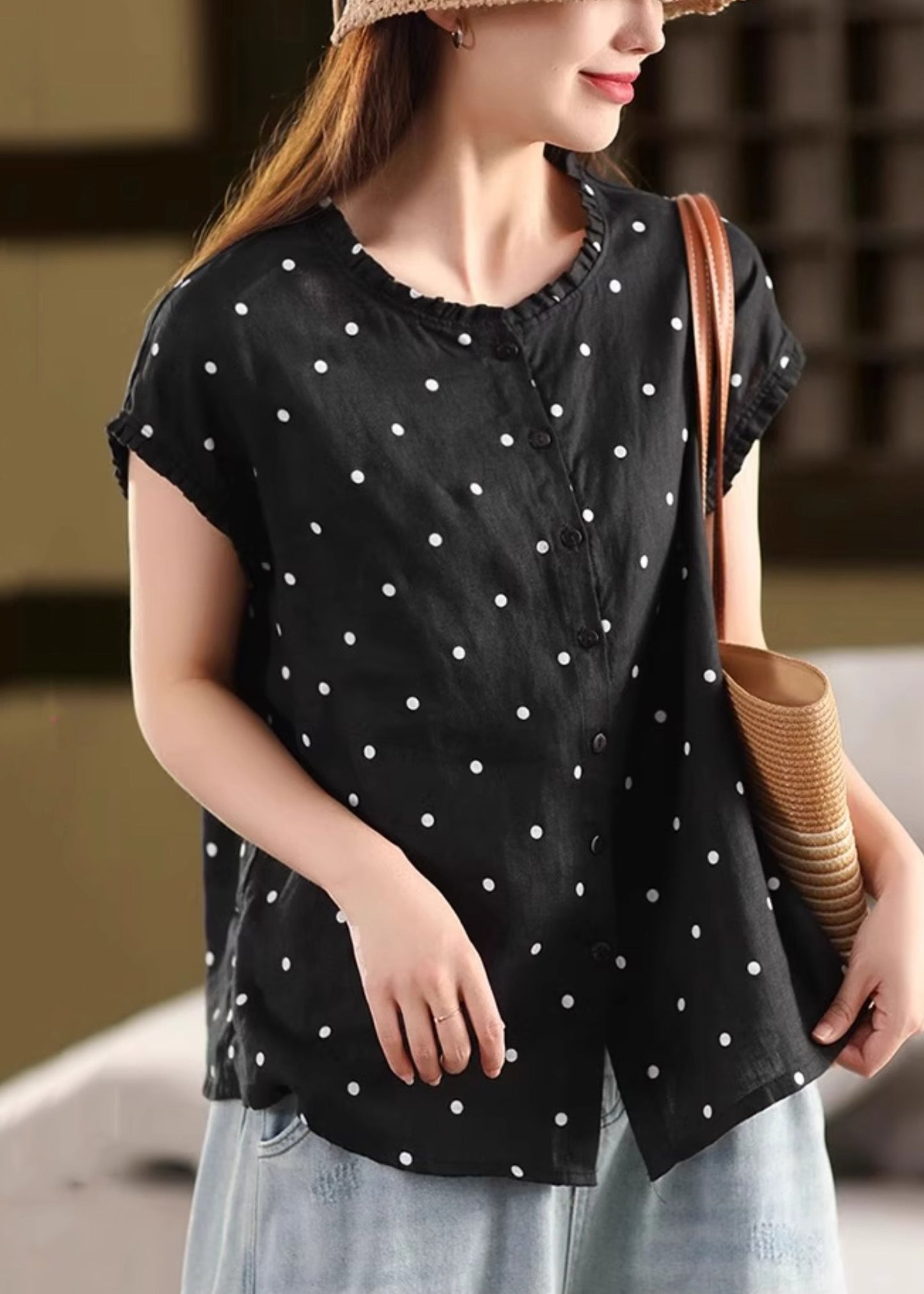 Hemd Kaffee Rüschen Punkte Vintage Sommer Leinen