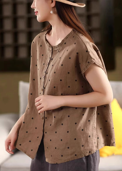 Hemd Kaffee Rüschen Punkte Vintage Sommer Leinen