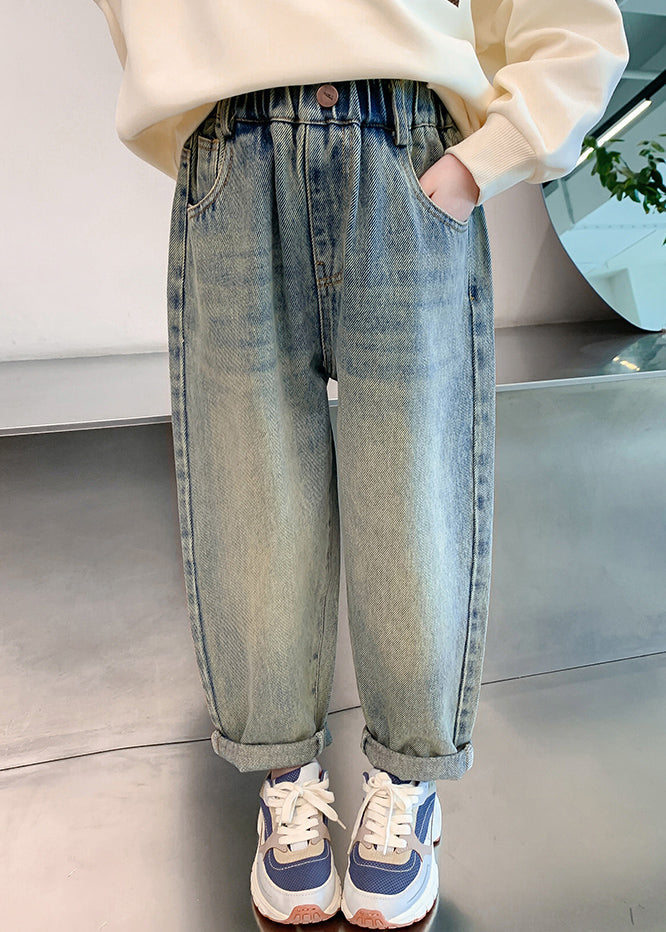 Sarouel vintage en denim bleu patchwork pour enfants, printemps TV015