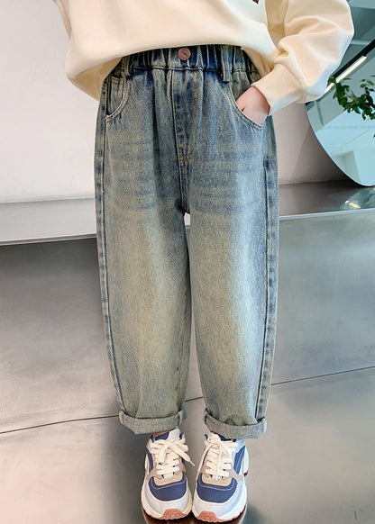 Sarouel vintage en denim bleu patchwork pour enfants, printemps TV015
