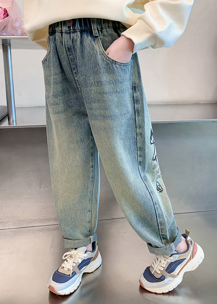 Sarouel vintage en denim bleu patchwork pour enfants, printemps TV015