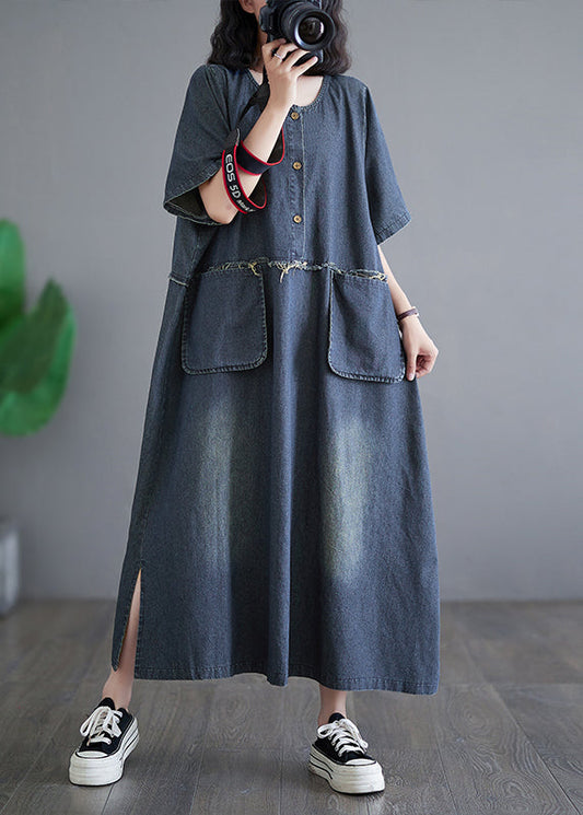 Vintage Denim Blue Patchwork Side Open Button Maxi Dresses Short Sleeve GH1045