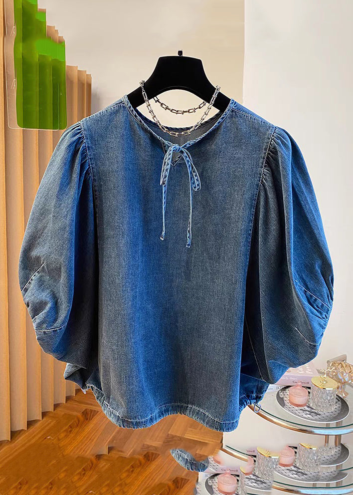 Hauts vintage en denim bleu patchwork avec dentelle nouée pour l'été TR004