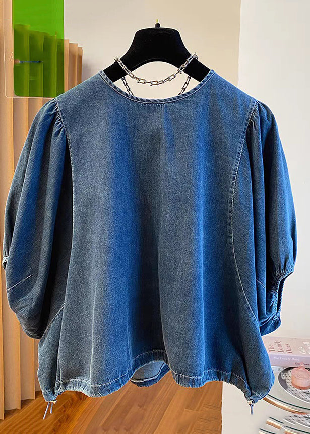 Hauts vintage en denim bleu patchwork avec dentelle nouée pour l'été TR004
