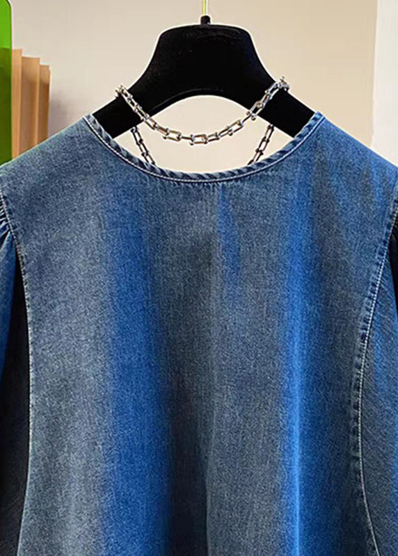 Hauts vintage en denim bleu patchwork avec dentelle nouée pour l'été TR004
