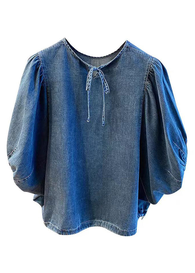 Hauts vintage en denim bleu patchwork avec dentelle nouée pour l'été TR004