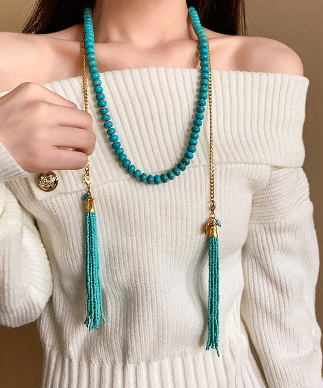 Vintage Gold Alloy Turquoise Beading Tassel Gratuated Bead Necklace WO015