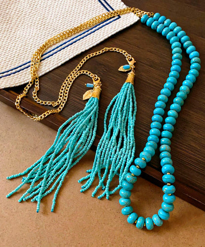 Collier de perles graduées en alliage doré vintage avec pampilles turquoise WO015