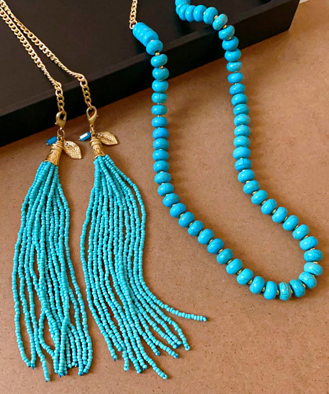 Vintage Gold Alloy Turquoise Beading Tassel Gratuated Bead Necklace WO015