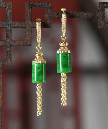 Vintage Gold Sterling Silver Overgild Inlaid Jade Tassel Drop Earrings KX1011