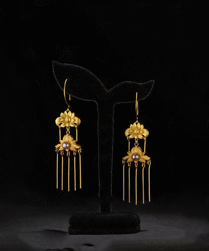 Vintage Gold Sterling Silver Overgild Pearl Floral Tassel Drop Earrings QQ007