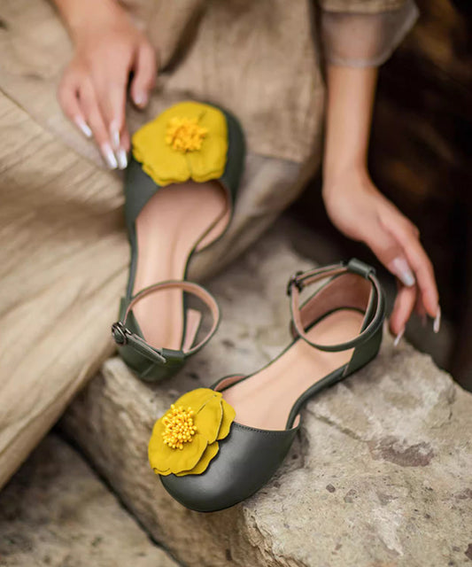 Green Buckle Strap Vintage Floral Splicing Sandals Flat