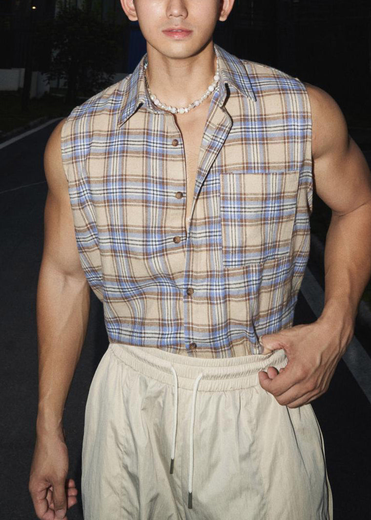 Pan Kragen Peter Grün Baumwolle Plaid Vintage Männer Tank Ärmellos