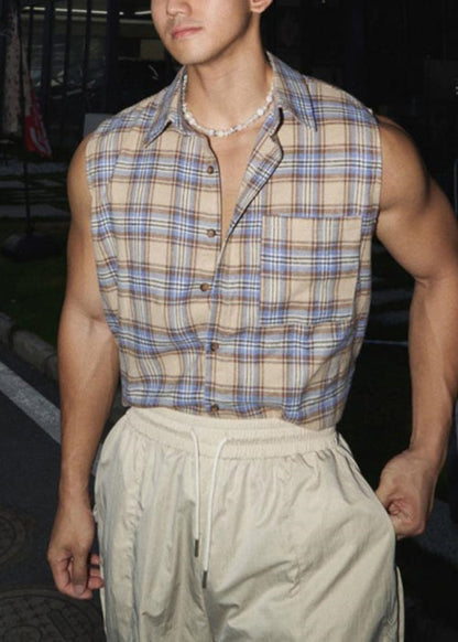 Pan Kragen Peter Grün Baumwolle Plaid Vintage Männer Tank Ärmellos