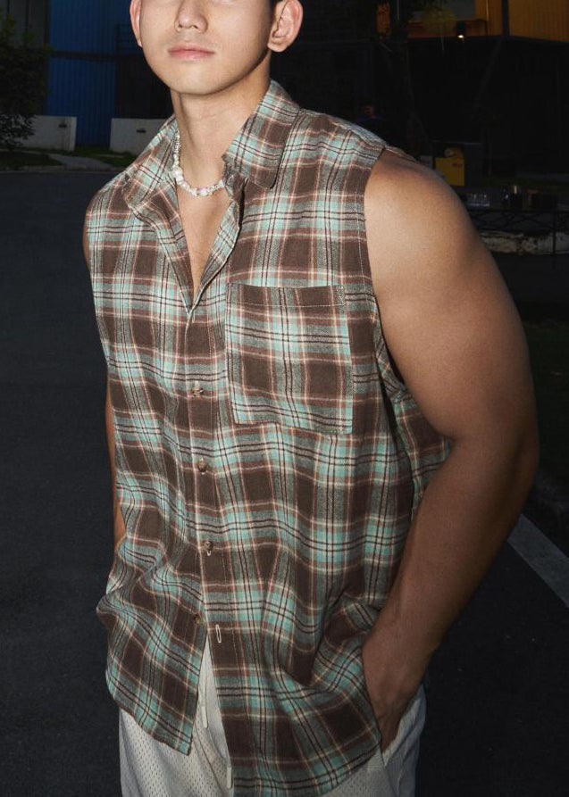 Pan Kragen Peter Grün Baumwolle Plaid Vintage Männer Tank Ärmellos