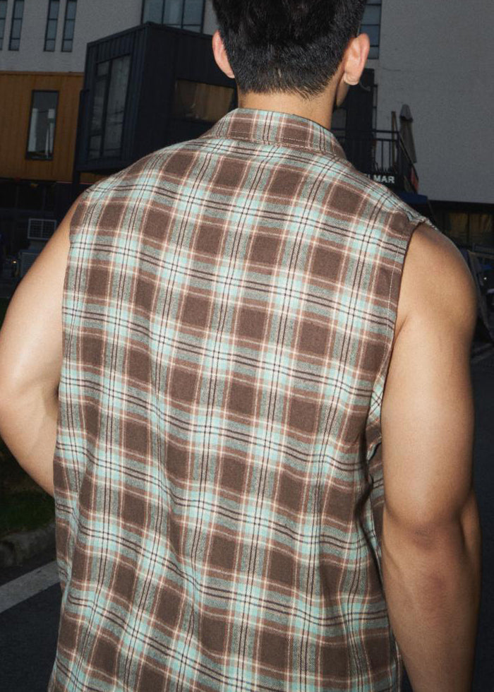 Pan Kragen Peter Grün Baumwolle Plaid Vintage Männer Tank Ärmellos