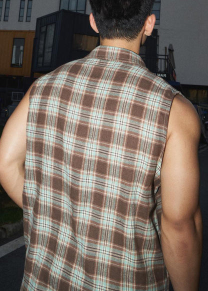 Pan Kragen Peter Grün Baumwolle Plaid Vintage Männer Tank Ärmellos