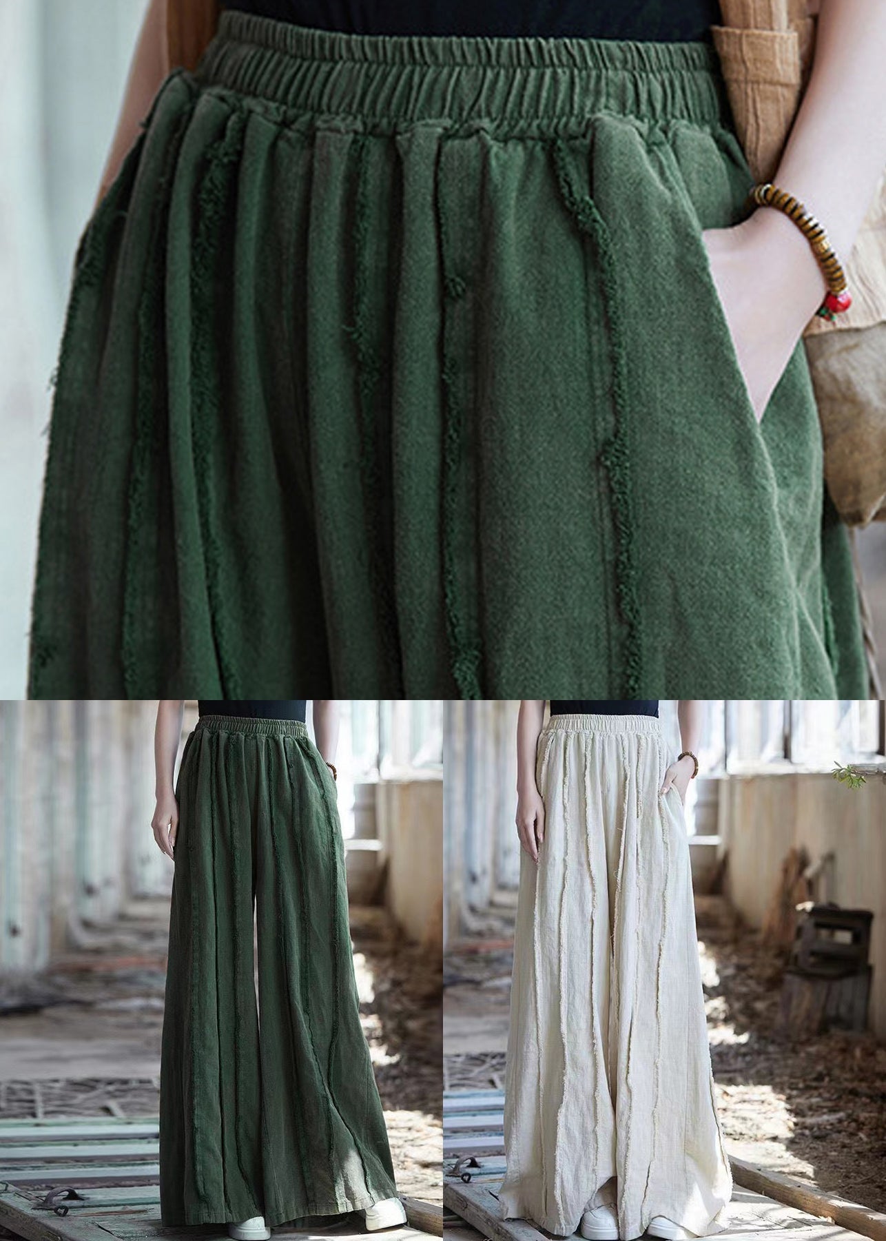 Vintage Green Pockets Elastic Waist Linen Pants Summer QE011