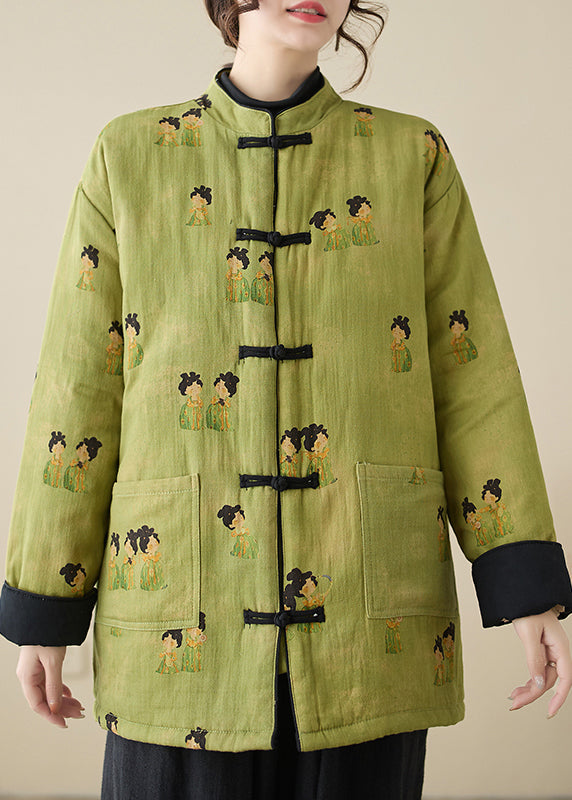 Vintage Green Stand Collar Print Pockets Parkas Winter QG001