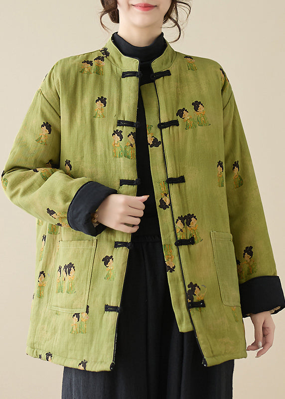 Vintage Green Stand Collar Print Pockets Parkas Winter QG001