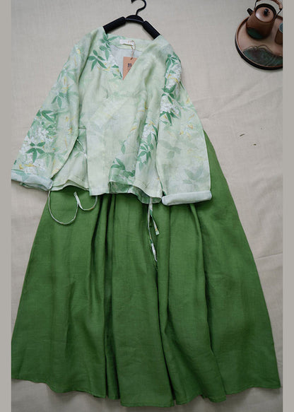 Ensemble deux pièces vintage en lin vert à col en V et lacets pour l'été BV040