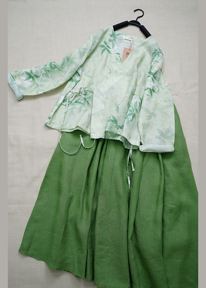 Ensemble deux pièces vintage en lin vert à col en V et lacets pour l'été BV040