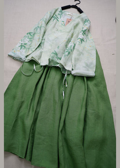 Ensemble deux pièces vintage en lin vert à col en V et lacets pour l'été BV040