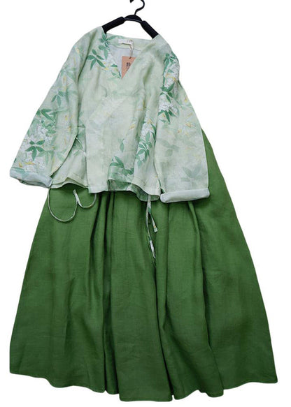 Ensemble deux pièces vintage en lin vert à col en V et lacets pour l'été BV040