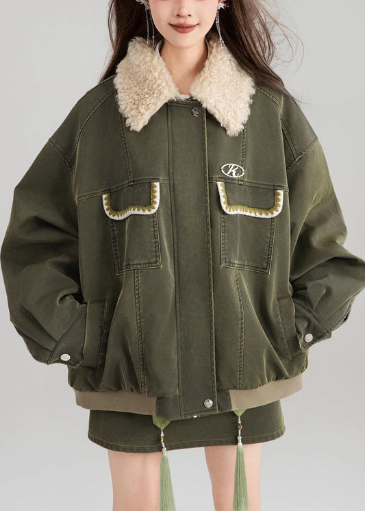 Parka patchwork vintage verte avec poches zippées, printemps YW003