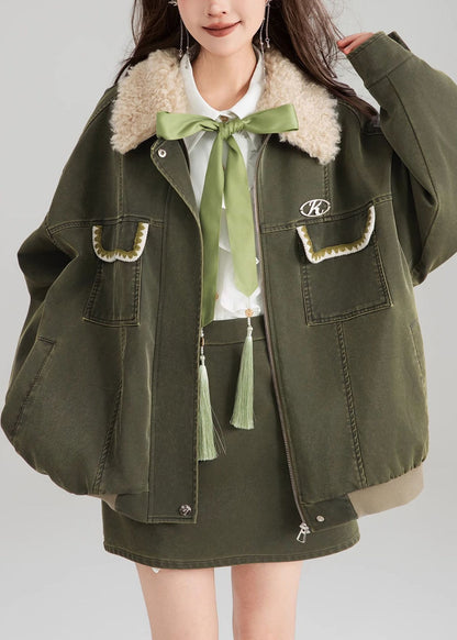 Parka patchwork vintage verte avec poches zippées, printemps YW003