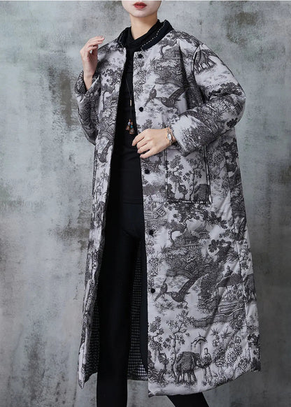 Vintage Grey Print Pockets Fine Cotton Filled Coats Winter Ada Fashion