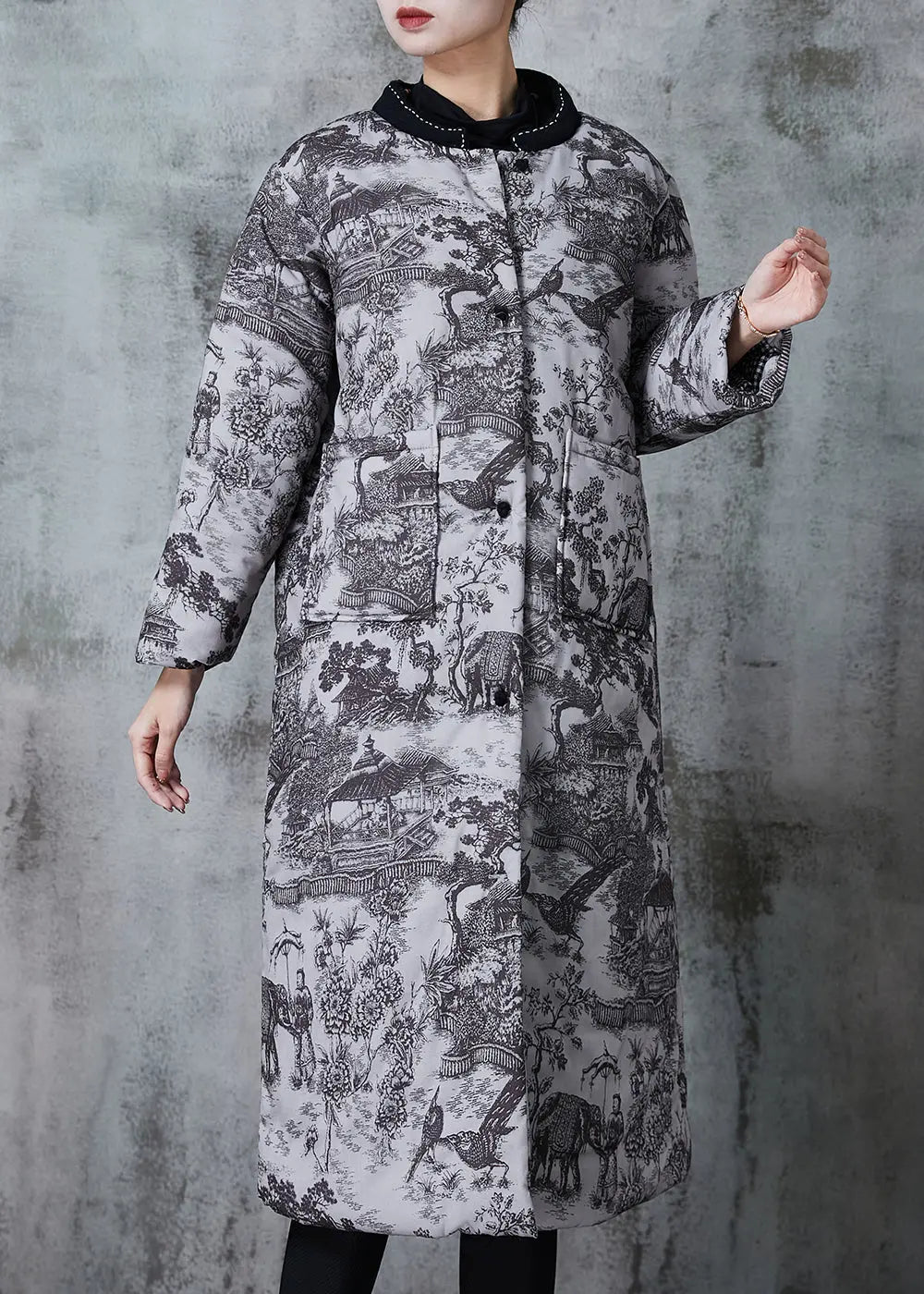 Vintage Grey Print Pockets Fine Cotton Filled Coats Winter Ada Fashion