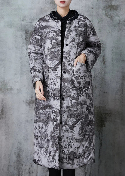 Vintage Grey Print Pockets Fine Cotton Filled Coats Winter Ada Fashion