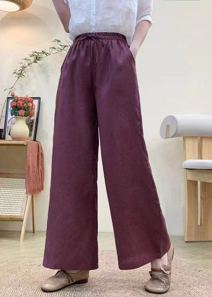 Pantalon Lin Droit Élastique Kaki Taille Été Vintage