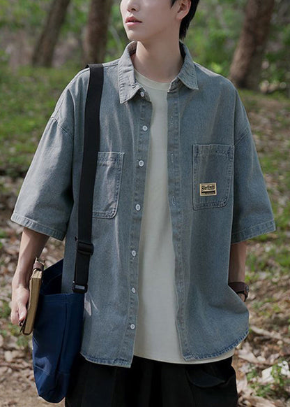 Blaue Hemden Denim Taschen Kragen Peter Button Vintage Pan Light