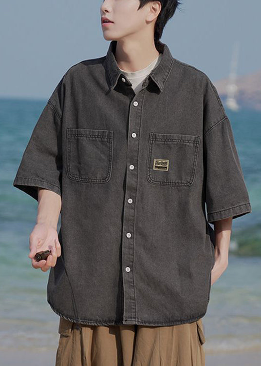 Blaue Hemden Denim Taschen Kragen Peter Button Vintage Pan Light