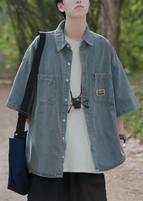 Blaue Hemden Denim Taschen Kragen Peter Button Vintage Pan Light