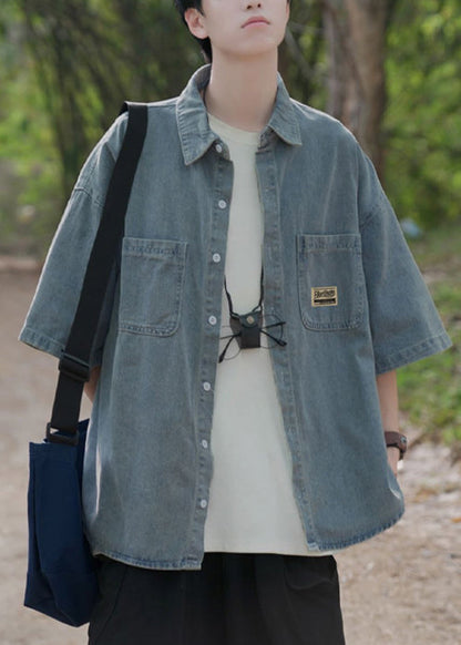 Blaue Hemden Denim Taschen Kragen Peter Button Vintage Pan Light