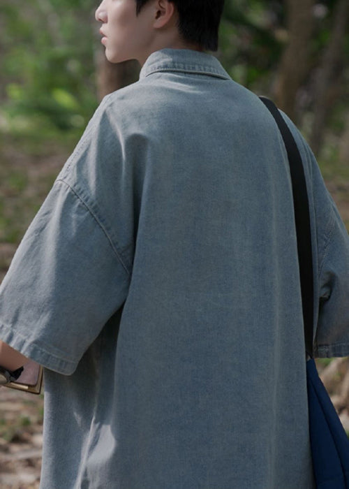 Blaue Hemden Denim Taschen Kragen Peter Button Vintage Pan Light