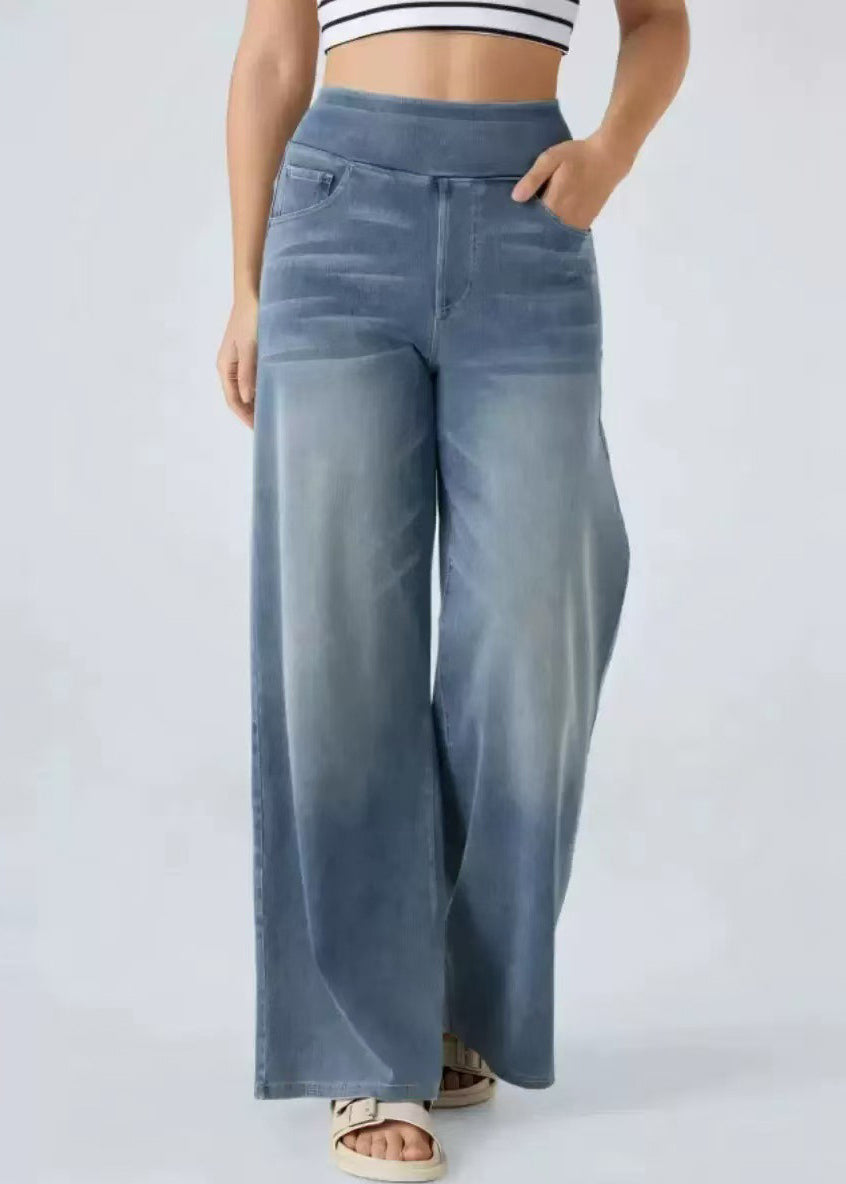 Pantalon large bleu clair élastique à jambes avec poches en denim vintage