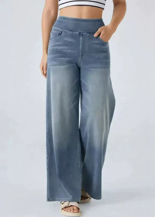 Pantalon large bleu clair élastique à jambes avec poches en denim vintage