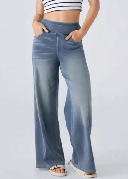 Pantalon large bleu clair élastique à jambes avec poches en denim vintage