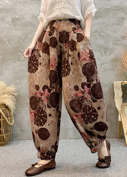 Pantalon sarouel vintage en coton marron clair avec poches et taille élastique pour l'été RE039