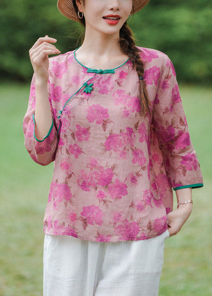 Vintage Pink Floral Linen Shirts Bracelet Sleeve AP058