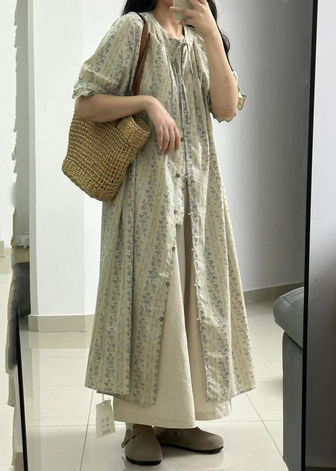 Vintage Light Green Print Button Long Shirts Dress And Skirts Two Piece Set Short Sleeve GH1034