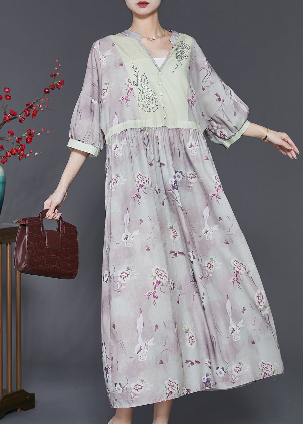 Vintage Light Purple V Neck Print Linen Dress Summer SD1023